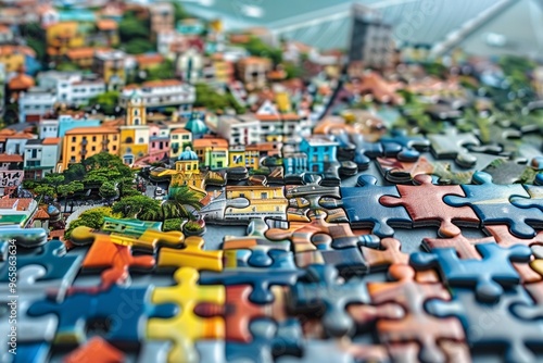 Overhead shot of puzzle on white surface, featuring pieces arranged to form vibrant cityscape under bright blue sky. Urban landscape concept