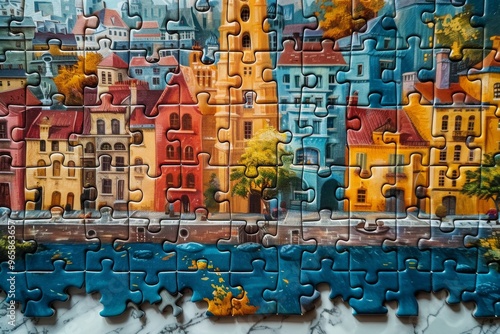 Overhead shot of puzzle on white surface, featuring pieces arranged to form vibrant cityscape under bright blue sky. Urban landscape concept