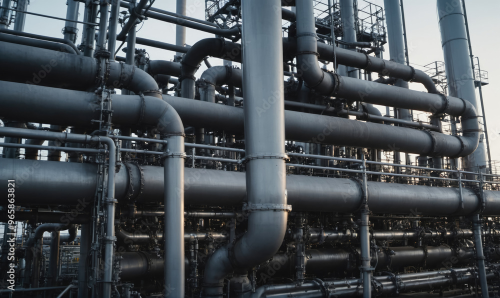 A close-up of a complex network of pipes at an industrial facility A close-up of a complex network of pipes at an industrial facility
