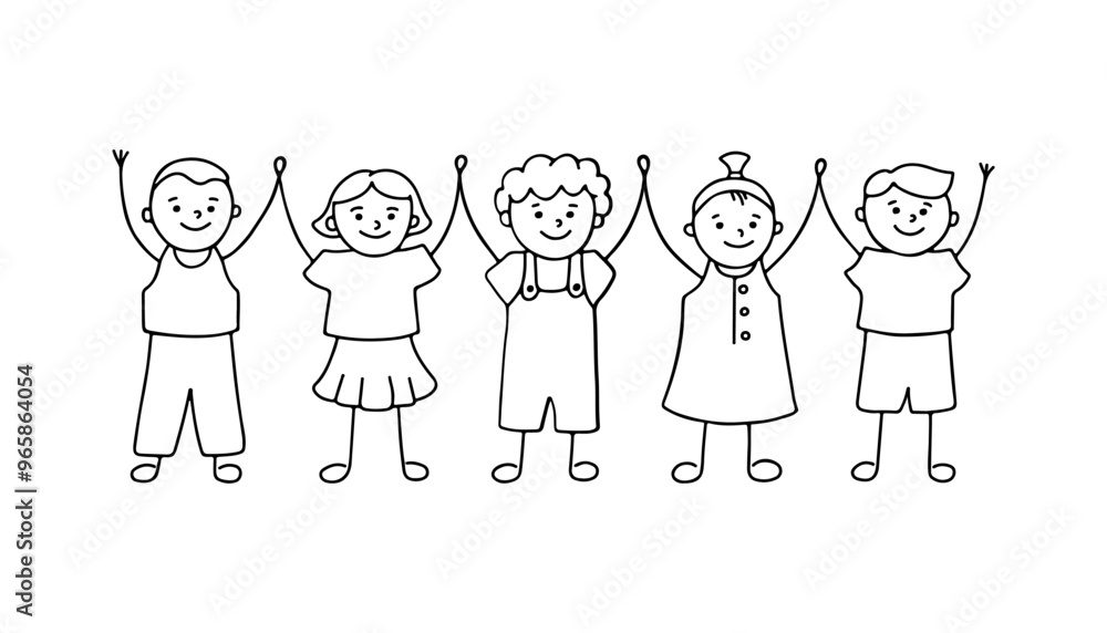 Happy children character holding hands and their hands up, doodle hand drawn line set. Group small people, kindergarten, preschool. Friends communication. Vector illustration Happy children character holding hands and their hands up, doodle hand drawn line set. Group small people, kindergarten, preschool. Friends communication. Vector illustration