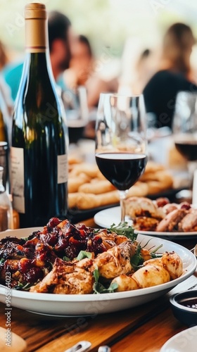 A plate of food and a glass of wine on a table