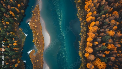 Aerial view of a vibrant autumn forest with a winding river, showcasing the beauty of fall in a stunning landscape perfect for wallpaper and banners.