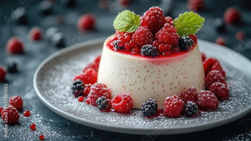 Delightful Gourmet Dessert Featuring Fresh Berries Served on a White Plate for Elegant Dining Occasions