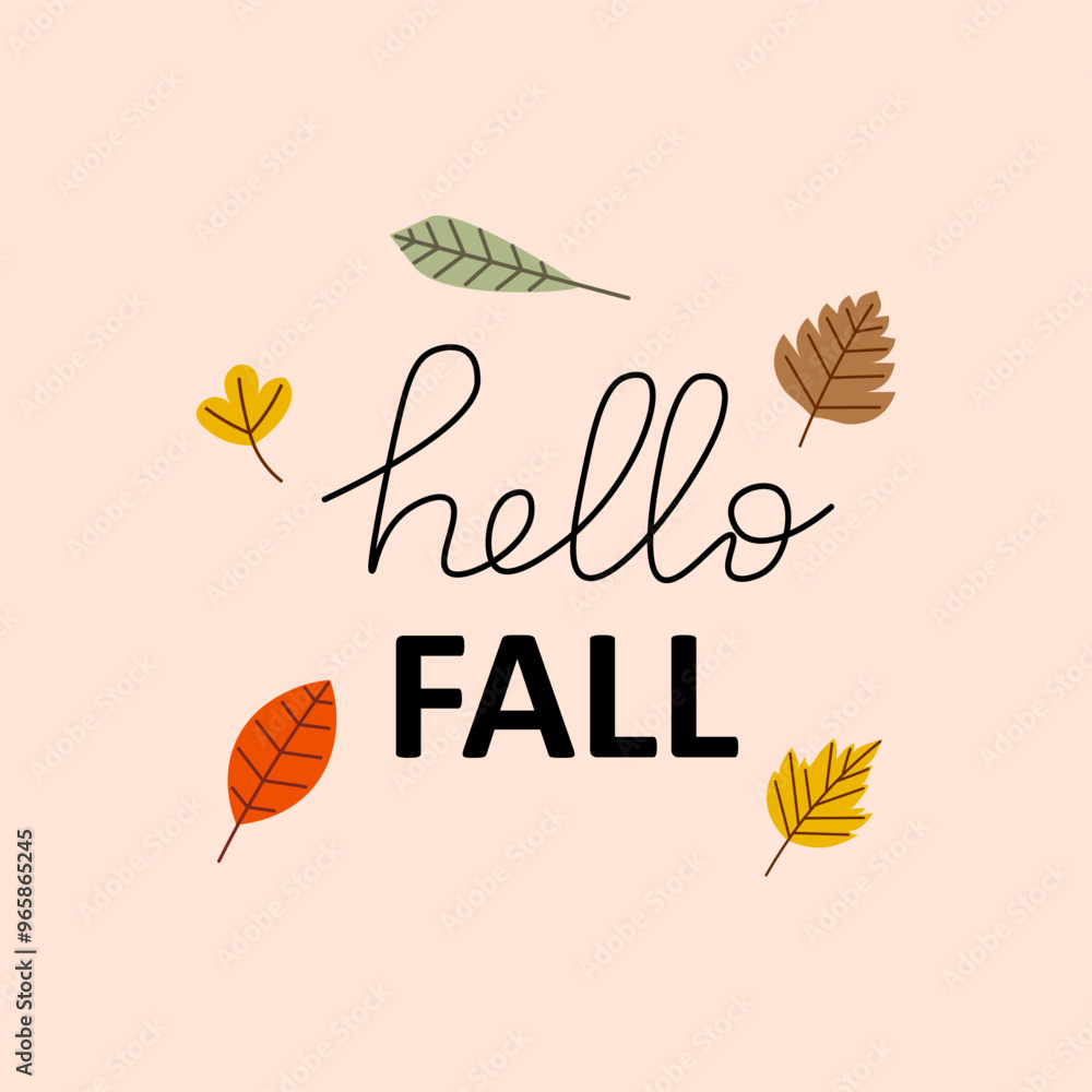 Hello autumn, set of autumn leaves. Elements for cozy and decor.  Cute collection of fallen leaves. Lettering inscription. Vector