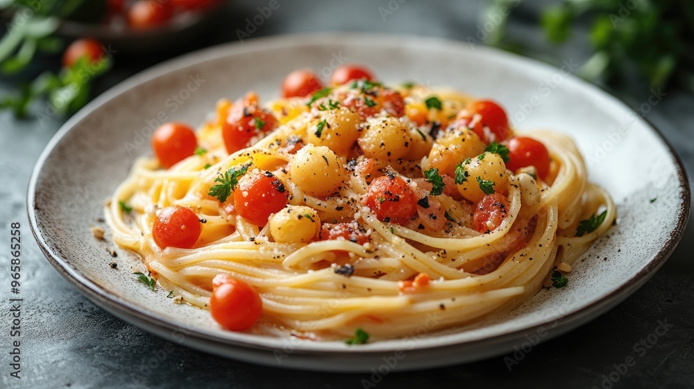 A Delicious Gourmet Pasta Dish Served on a White Plate with Ample Copy Space for Creative Food Marketing and Promotion A Delicious Gourmet Pasta Dish Served on a White Plate with Ample Copy Space for Creative Food Marketing and Promotion