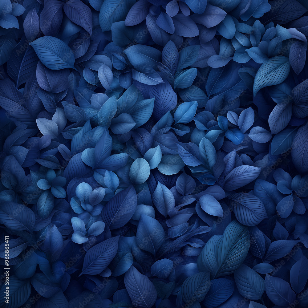 A blue background with many leaves of different sizes A blue background with many leaves of different sizes