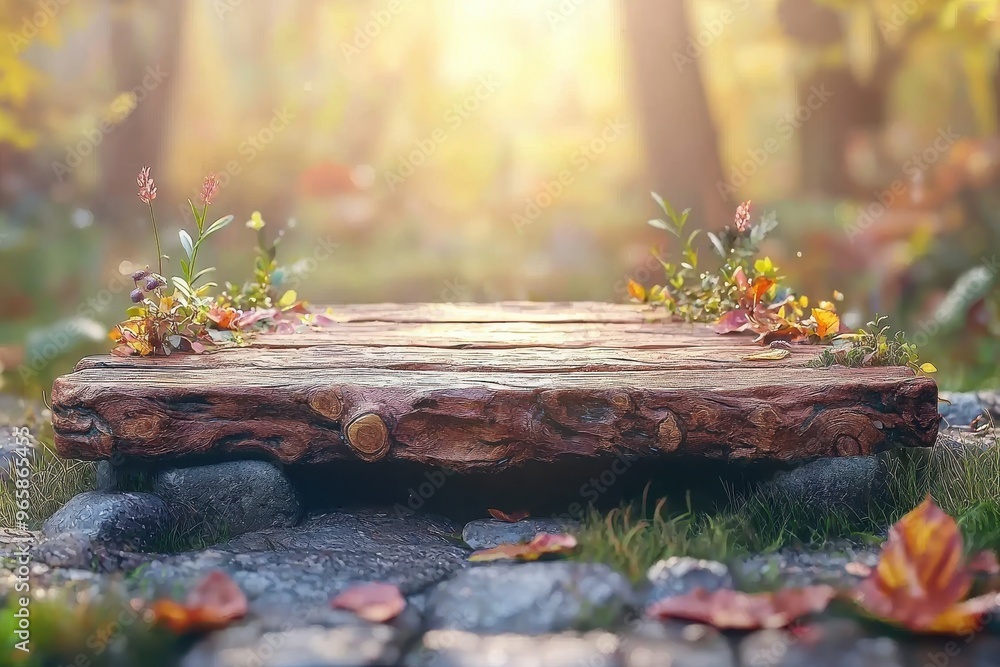 Autumn nature scene with wooden table, leaves, and warm sunlight Autumn nature scene with wooden table, leaves, and warm sunlight