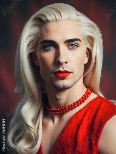 Obraz na płótnie Portrait of beautiful transgender woman, blue eyes and red lipstick, wearing red dress, lgbt concept, diversity background w salonie
