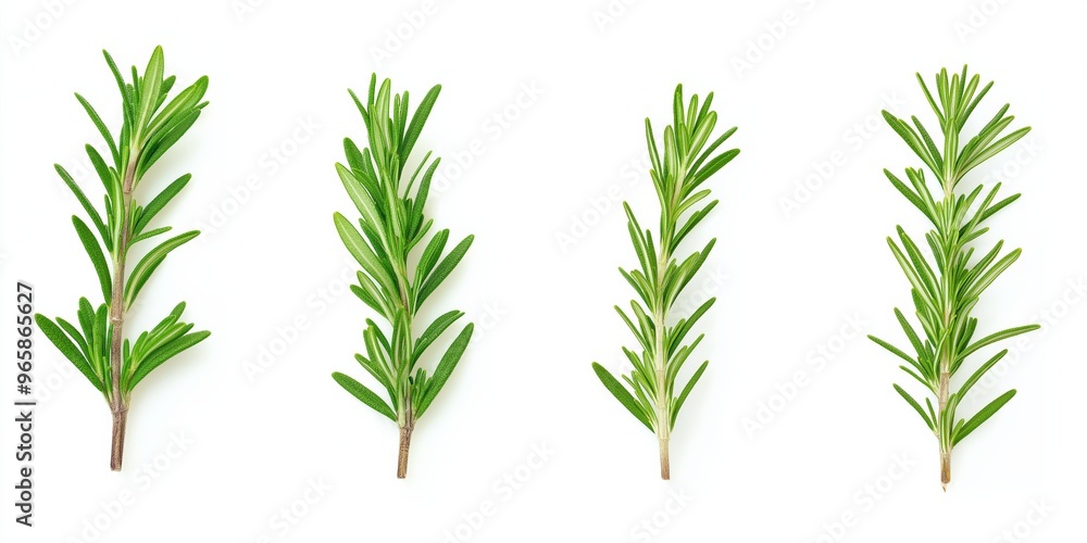 Fototapeta premium Four different types of rosemary are shown in a row. The leaves are green and the stems are thin