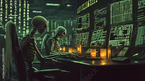 Skeleton traders crunching numbers and analyzing data in a dark candle lit exchange on a spooky Halloween night creating an eerie and ominous atmosphere in the financial world