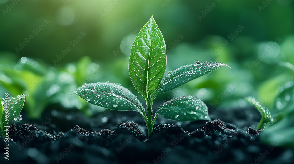 A small green leaf is growing in the dirt A small green leaf is growing in the dirt