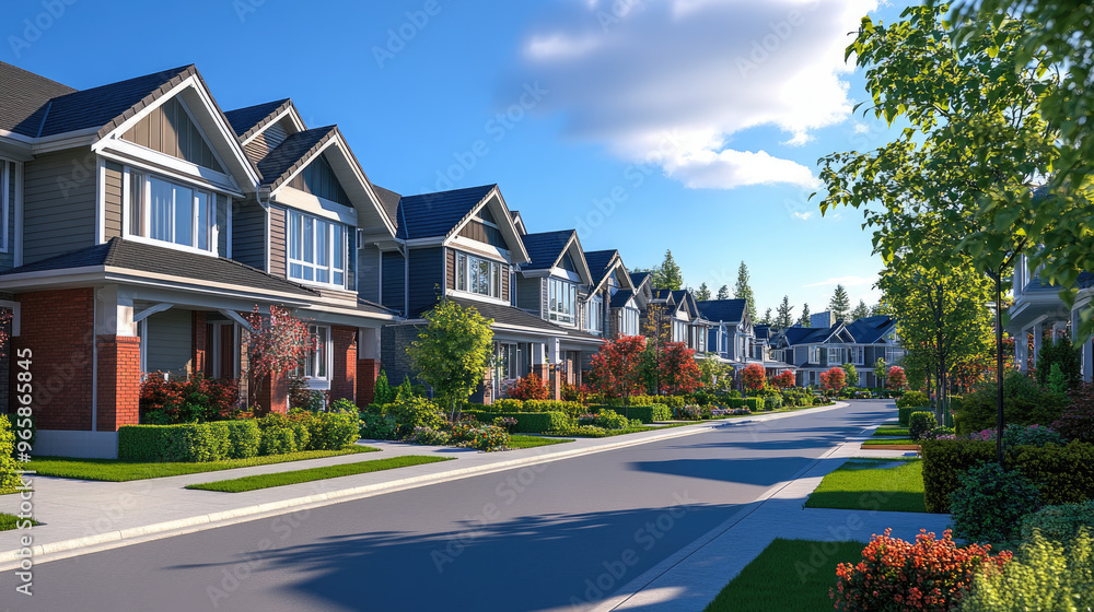 Explore a picturesque row of residential houses in a suburban housing development, showcasing modern architecture and community living. Perfect for real estate and lifestyle imagery. Explore a picturesque row of residential houses in a suburban housing development, showcasing modern architecture and community living. Perfect for real estate and lifestyle imagery.
