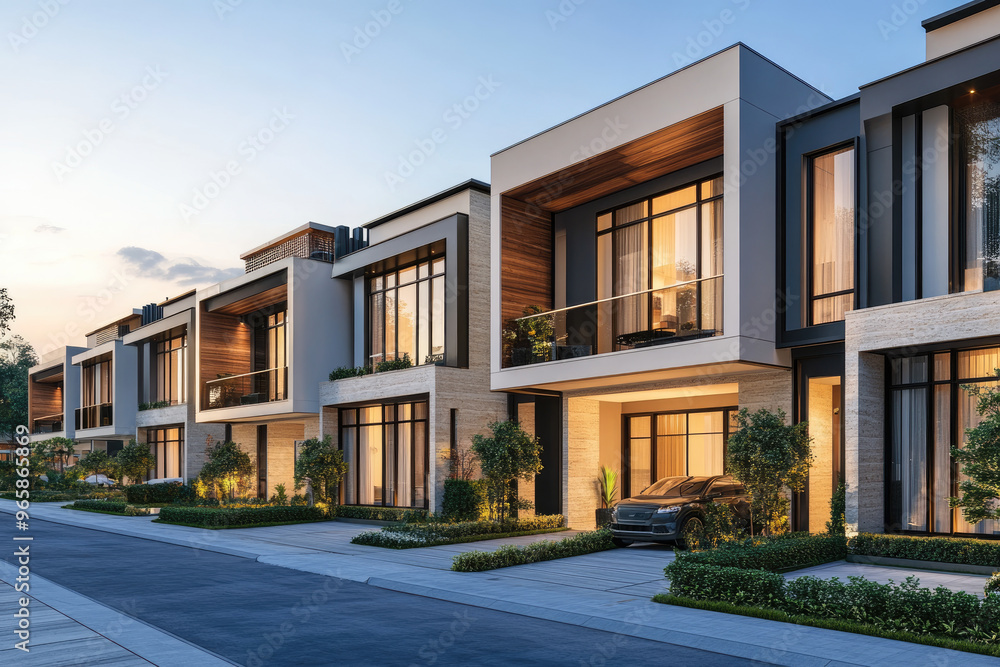 A serene row of modern townhouses captured at dusk, showcasing contemporary architecture in a new residential neighborhood. Ideal for real estate and urban living themes. A serene row of modern townhouses captured at dusk, showcasing contemporary architecture in a new residential neighborhood. Ideal for real estate and urban living themes.