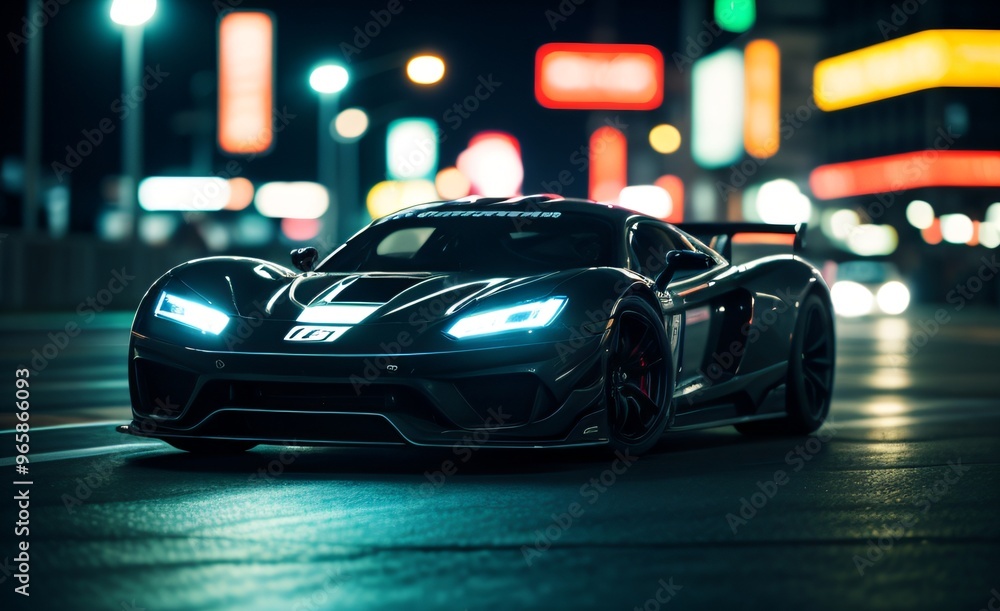 High-performance sports car racing through a neon-lit city at night.. High-performance sports car racing through a neon-lit city at night..