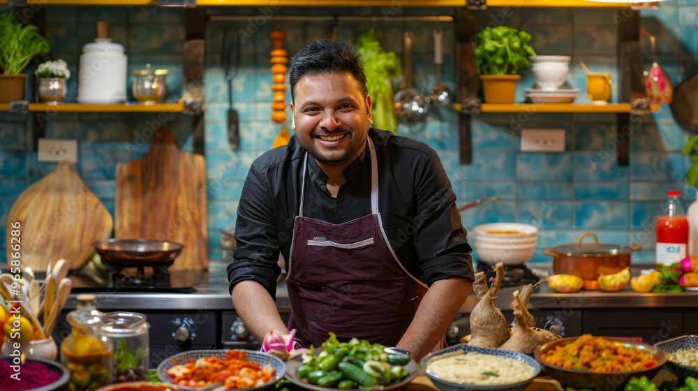 Indian Cooking Show Host in Casual Attire with Vibrant Food Setup, Blurred Background, generative ai Indian Cooking Show Host in Casual Attire with Vibrant Food Setup, Blurred Background, generative ai