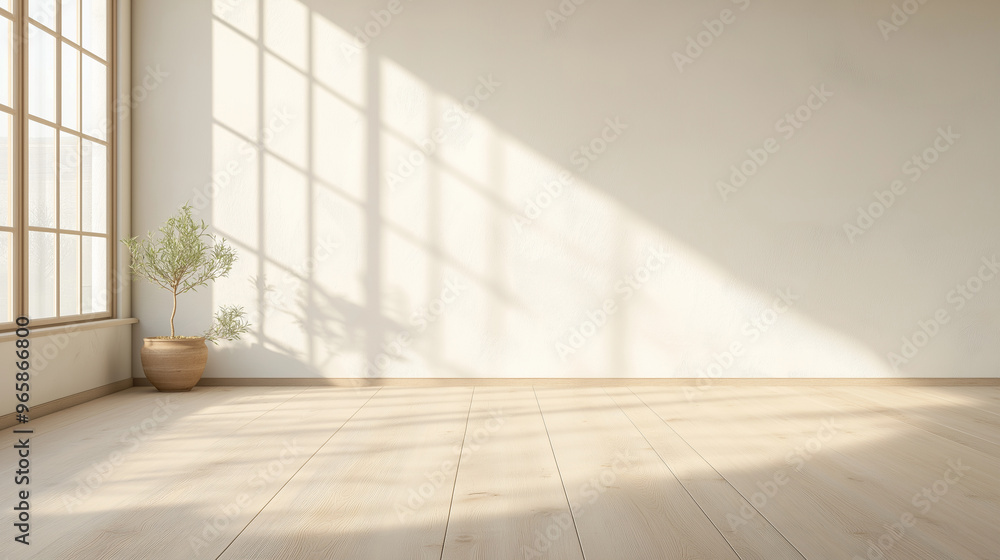 Obraz premium A large empty room with a window and a potted plant