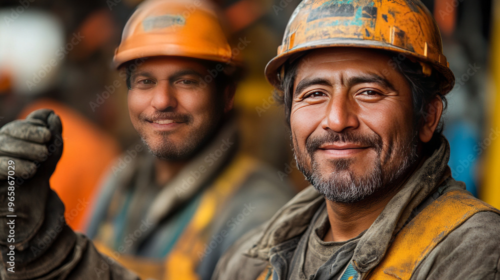 two mexican workers high five. two mexican workers high five.