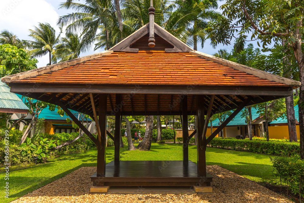 beautiful wooden gazebo in tropical nature in Thailand beautiful wooden gazebo in tropical nature in Thailand