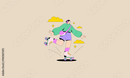 Girl roller skating with headphones, enjoying music and outdoor freedom.