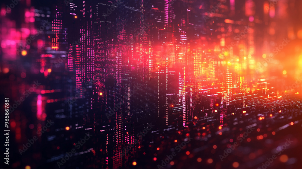 A colorful, abstract cityscape with bright lights and a red background A colorful, abstract cityscape with bright lights and a red background