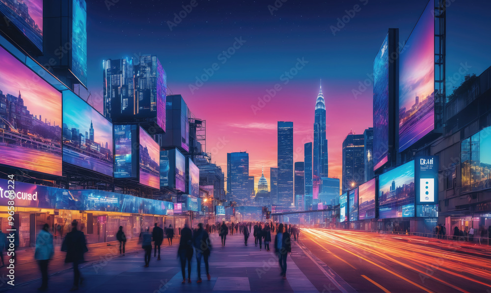 Obraz premium People walk along a city street lined with tall buildings and glowing billboards at dusk