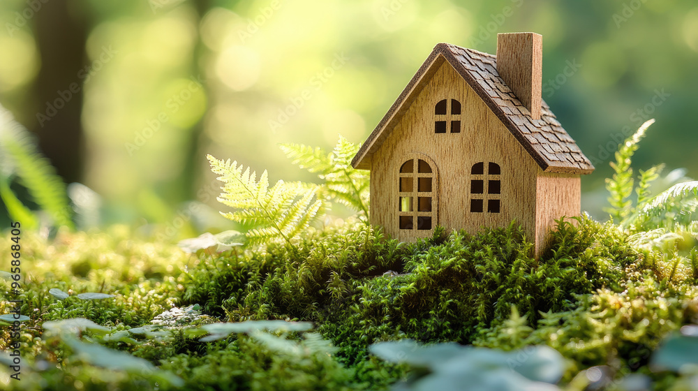 Explore a green housing concept with a miniature wooden house surrounded by moss and ferns, showcasing sustainable living in a sunny spring setting. Explore a green housing concept with a miniature wooden house surrounded by moss and ferns, showcasing sustainable living in a sunny spring setting.