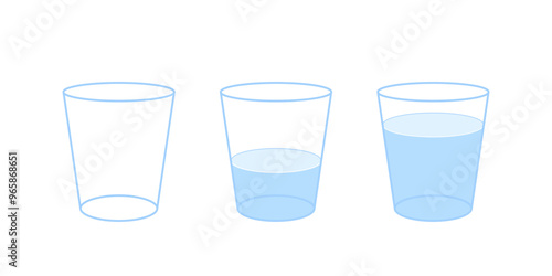 Glasses of water with different measure full, half full, empty glass set. Different levels of water. Vector illustration