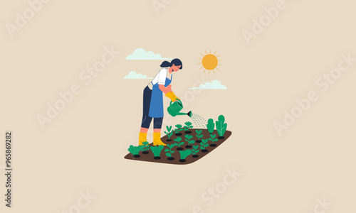 Woman gardening by watering plants under the sun in nature.