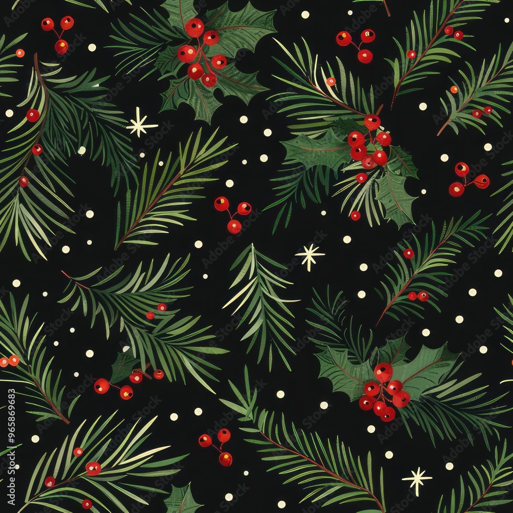 Christmas trees and berries pattern on a black background Christmas trees and berries pattern on a black background