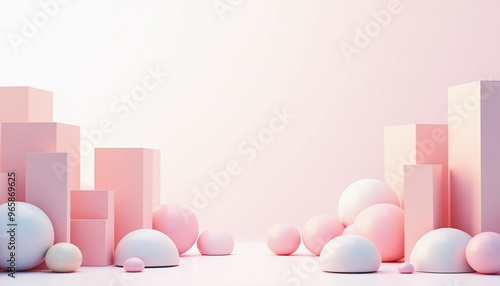 Minimalistic Abstract Scene with Soft Pastel-Colored Geometric Shapes Floating in Space - Ideal for Digital Branding, Web Design, or Posters