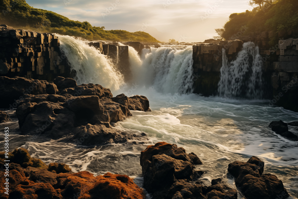 Majestic sunset over rugged waterfall landscape Majestic sunset over rugged waterfall landscape