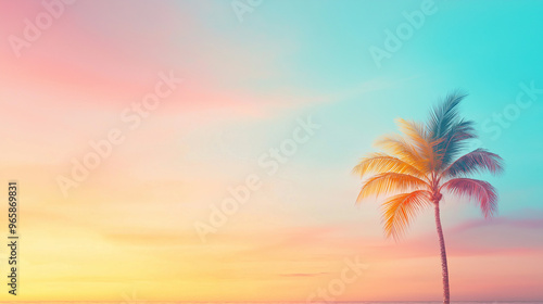 A palm tree is standing in front of a colorful sky