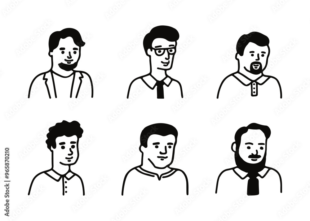 Men character in business outfits, line doodle hand drawn set. Different people black sketch. Face of employee, work in office. Vector illustration Men character in business outfits, line doodle hand drawn set. Different people black sketch. Face of employee, work in office. Vector illustration