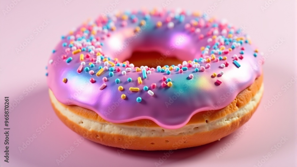 a pink frosted donut with rainbow sprinkles on it. a pink frosted donut with rainbow sprinkles on it.