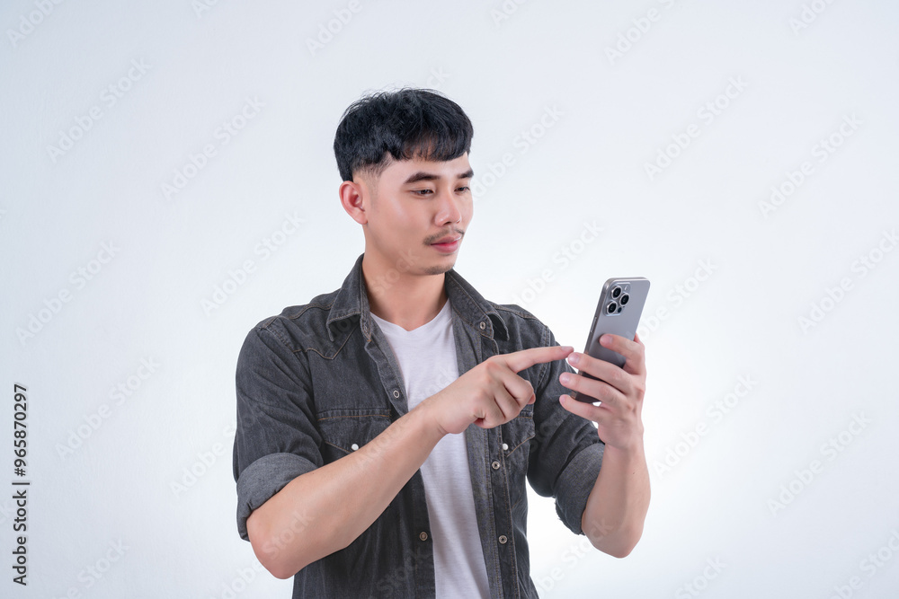 Handsome Asian man using smartphone on white background. Concept for advertising, finance business, communication, technology advancement and online shopping. Handsome Asian man using smartphone on white background. Concept for advertising, finance business, communication, technology advancement and online shopping.