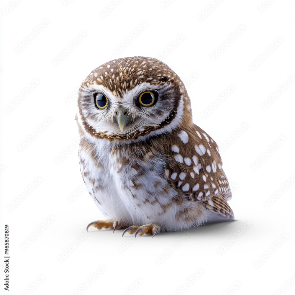 Fototapeta premium A small brown spotted owl with large eyes, standing against a white background, highlighting its detailed feathers and curious expression.