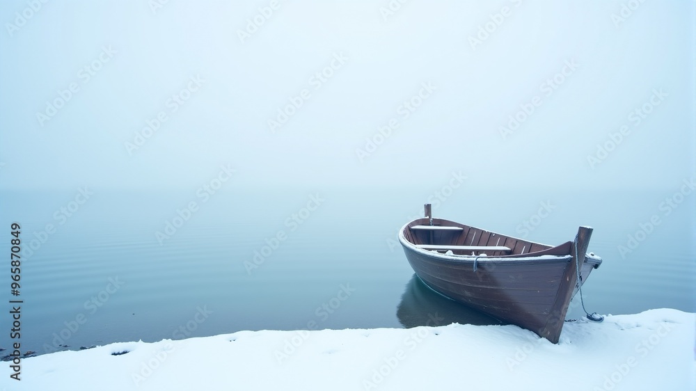 Naklejka premium A lonely boat on the snowy shore of a foggy lake
