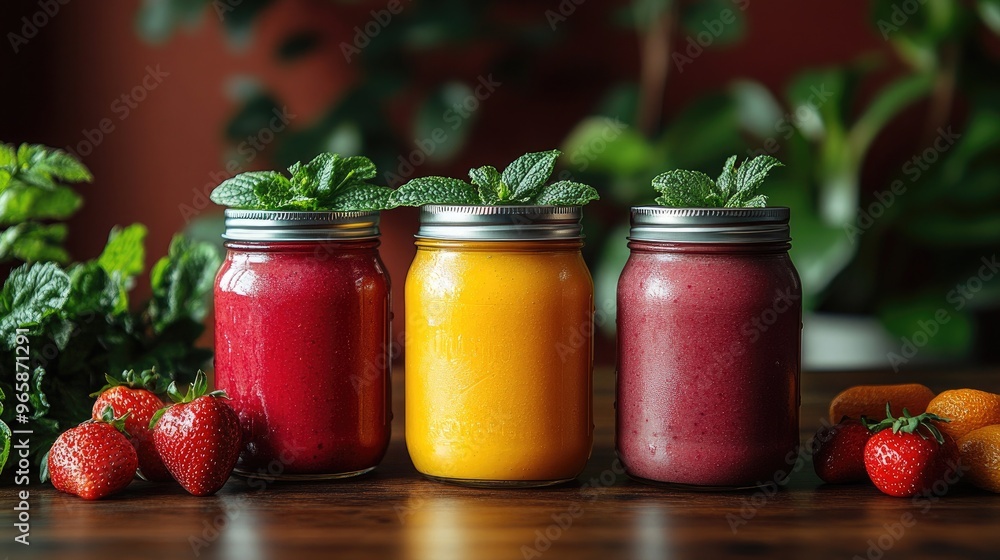 Refreshing Smoothies in Mason Jars Perfect for a Rustic Summer Table Setting Refreshing Smoothies in Mason Jars Perfect for a Rustic Summer Table Setting