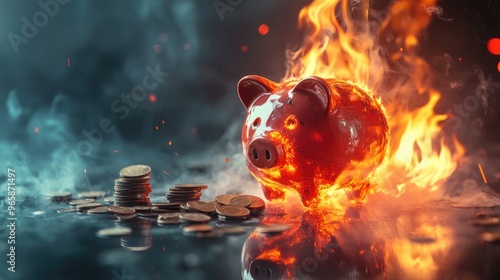 A piggy bank on fire, coins melting beside it, symbolizing financial disaster and irrecoverable loss, set against a gloomy backdrop photo