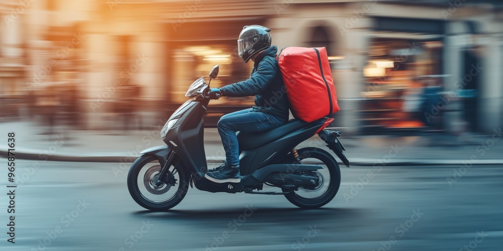 A man on a scooter with a red bag on his back. The man is wearing a helmet and is riding down a street A man on a scooter with a red bag on his back. The man is wearing a helmet and is riding down a street