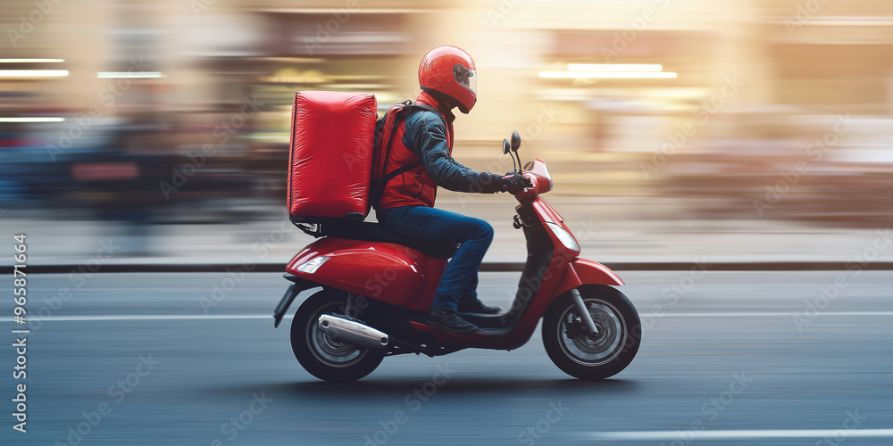 A man in a red helmet rides a red scooter with a red bag on the back. The scooter is moving down the street A man in a red helmet rides a red scooter with a red bag on the back. The scooter is moving down the street