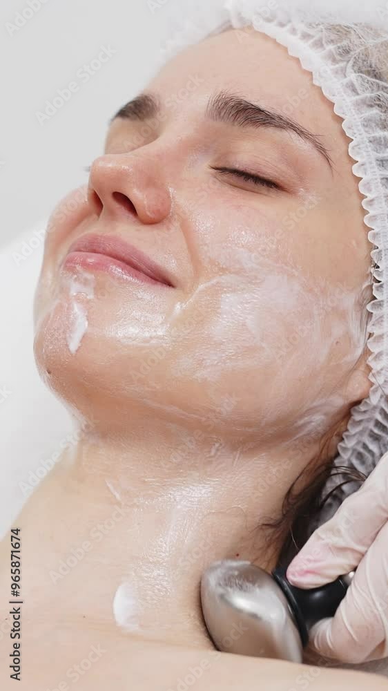 Vertical video. A cosmetologist performs RF lifting and ultrasound facial tightening in a modern salon. This advanced treatment rejuvenates and firms skin Vertical video. A cosmetologist performs RF lifting and ultrasound facial tightening in a modern salon. This advanced treatment rejuvenates and firms skin
