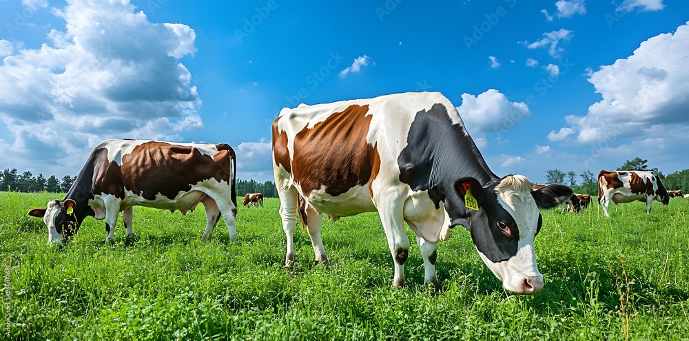 Fototapeta premium Cows Grazing in a Lush Meadow
