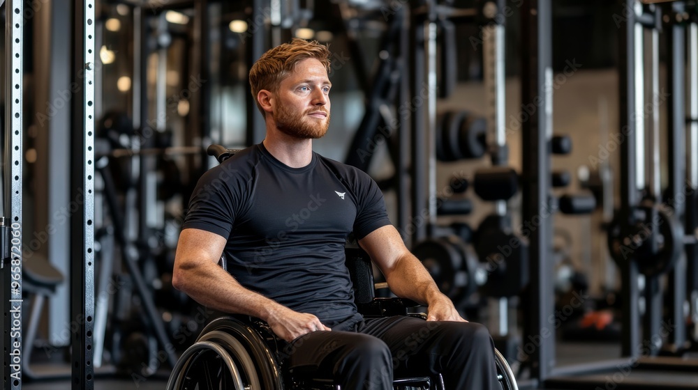 Confident Disabled Athlete in Wheelchair Posing for a Portrait in a Modern Gym Interior. Confident Disabled Athlete in Wheelchair Posing for a Portrait in a Modern Gym Interior.