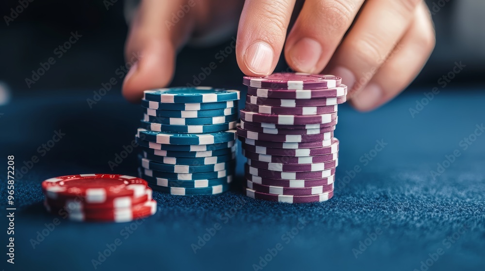 Hands stacking colorful poker chips on a blue felt table, symbolizing strategy, risk, and high-stakes gambling in a casino setting Hands stacking colorful poker chips on a blue felt table, symbolizing strategy, risk, and high-stakes gambling in a casino setting