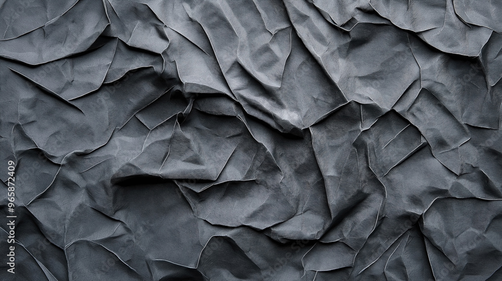 Close-up of a dark gray textured crumpled paper background creating a rough and uneven pattern with shadows and highlights emphasizing the wrinkled surfaces. Close-up of a dark gray textured crumpled paper background creating a rough and uneven pattern with shadows and highlights emphasizing the wrinkled surfaces.