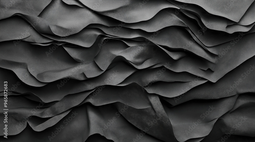 Abstract close-up of dark, wrinkled fabric creating wave-like textures and folds in a monochromatic grayscale. Ideal for backgrounds or textured design projects. Abstract close-up of dark, wrinkled fabric creating wave-like textures and folds in a monochromatic grayscale. Ideal for backgrounds or textured design projects.