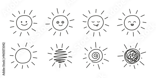 Sun icon line set, doodle hand drawn set. Sunshine and solar glow. Decorative circle sun and sunlight with happy face. Hot solar energy. Children paint. Vector illustration