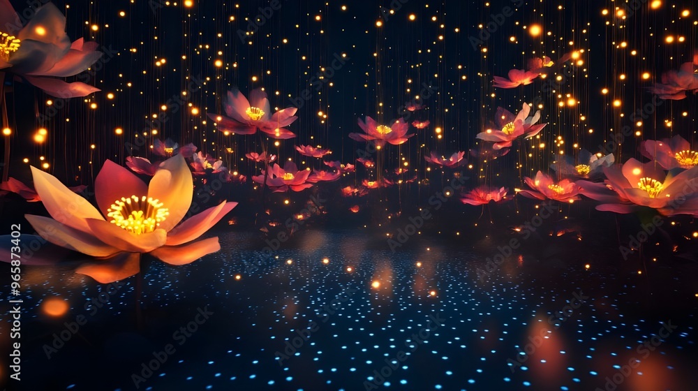 Illuminated temple and flowers on dark with lights image Illuminated temple and flowers on dark with lights image