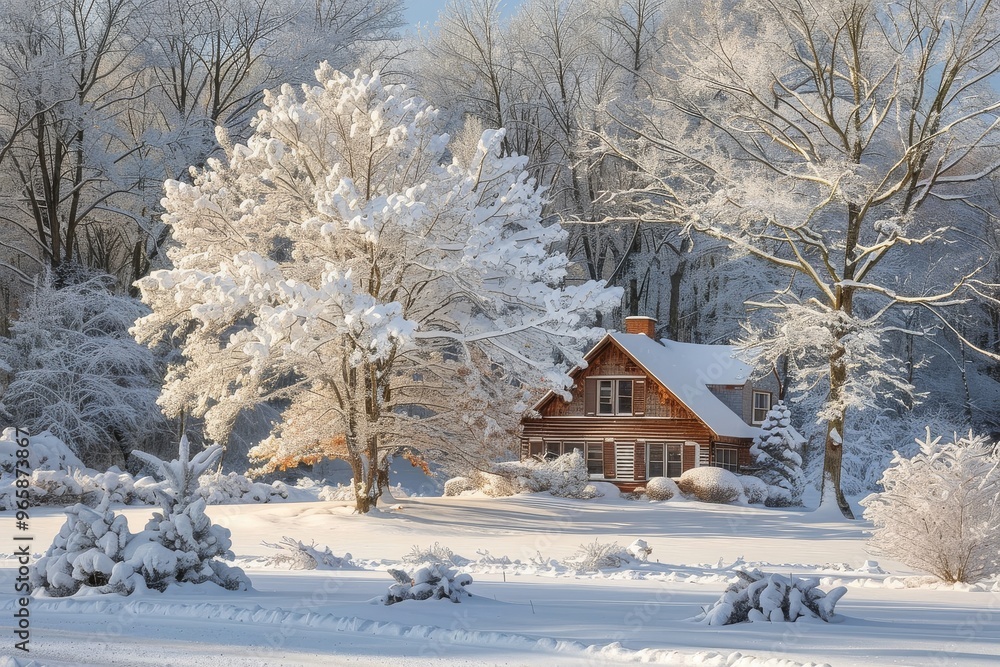 Naklejka premium Snow-Covered Tree in Yard of Old Wooden House, Surrounded by Winter Landscape and Bright Sunlight